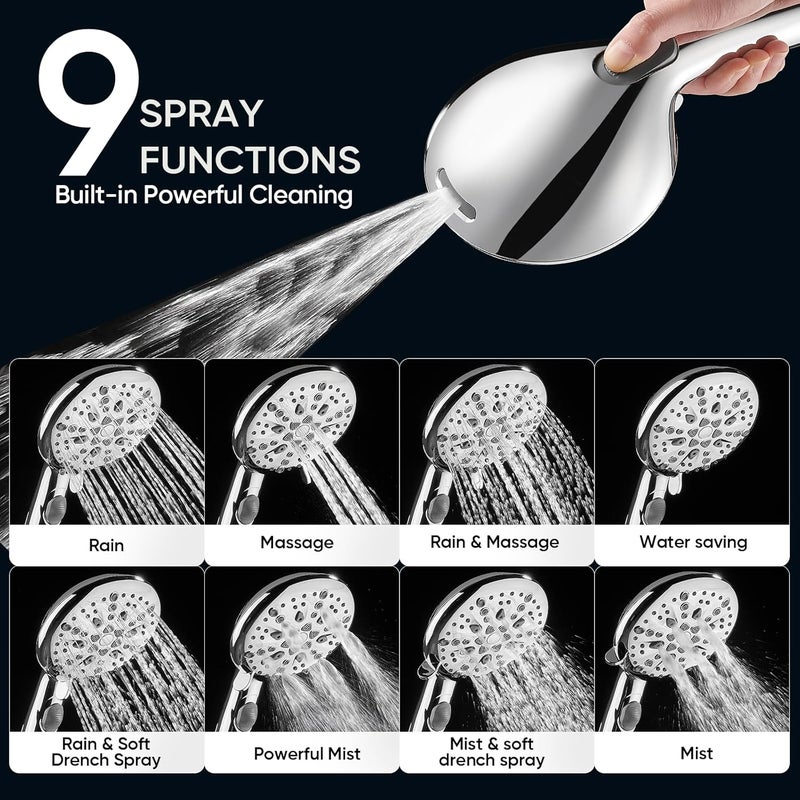 Cobbe High Pressure Shower Head with Built-in Pause Button, 9-Function Detachable Showerhead with Handheld Brass Swivel Bracket & Stainless Steel Hose, Water Saving 1-Click Stop, Chrome - Image 3
